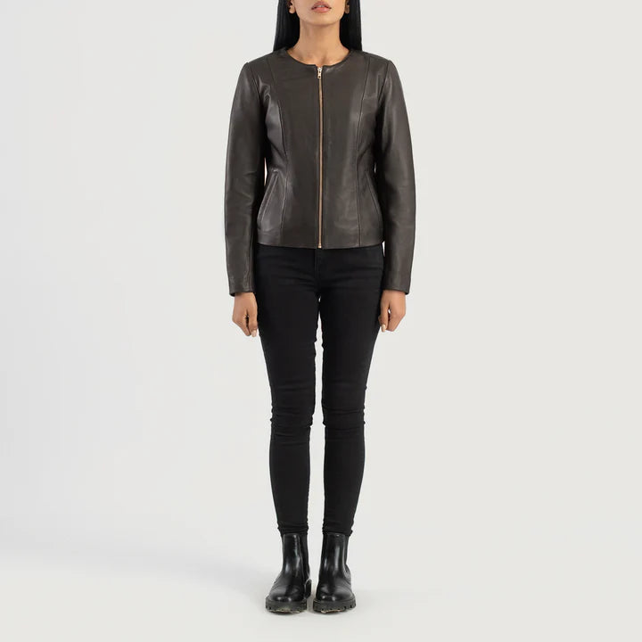 Elixir Brown Collarless Leather Jacket